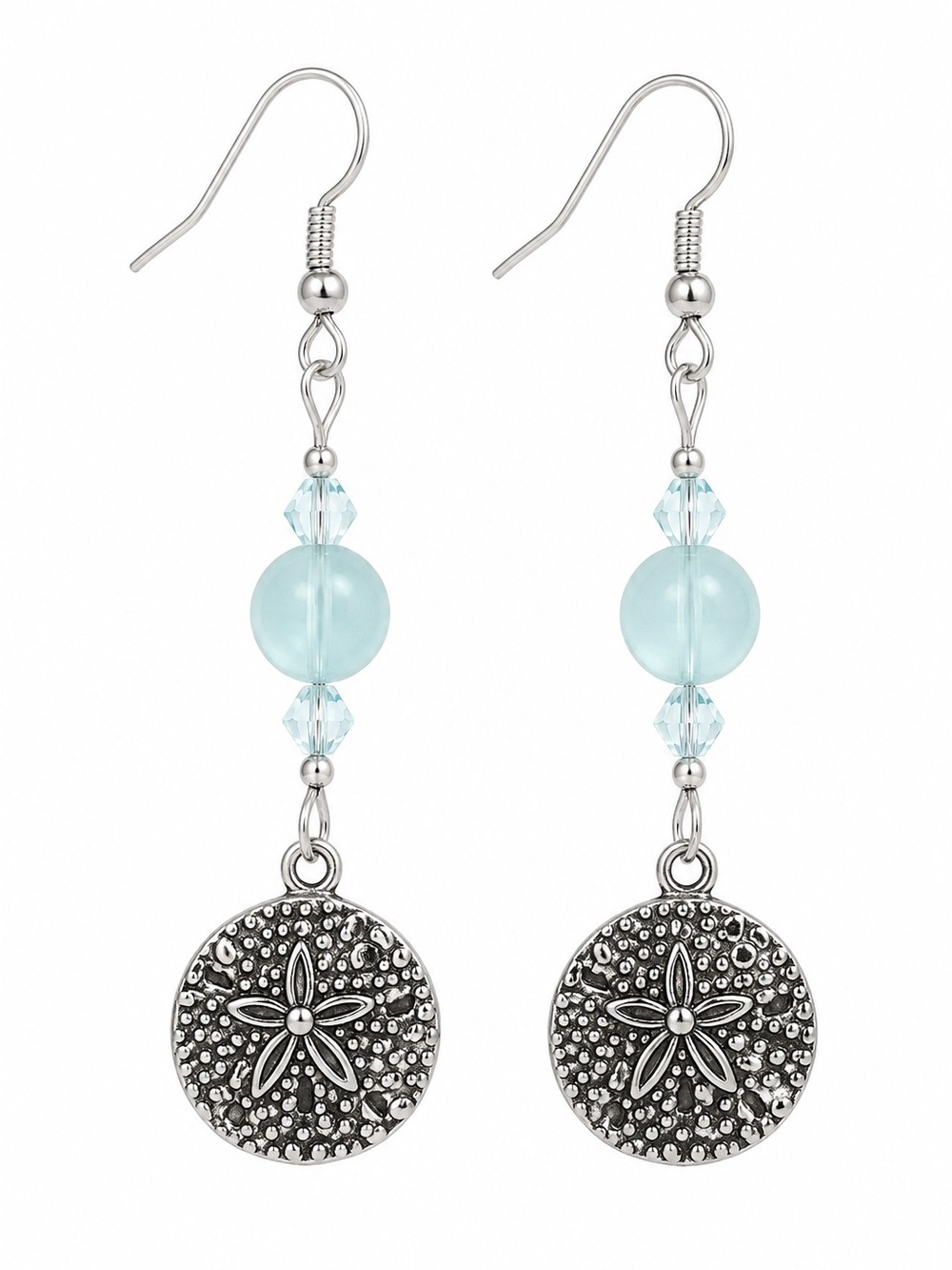Antique Silver Sand Dollar with Light Aqua Glass and Crystal Beads